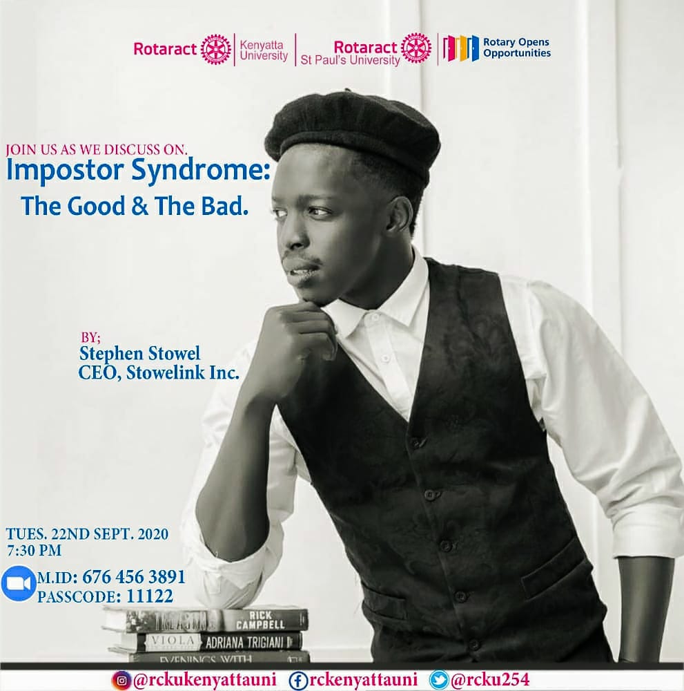 racspu's tweet photo. In conjunction with @rcku254 we bring you an interesting conversation. Impostor syndrome, the good  the bad and how to overcome it. Our guest speaker will be @stevenstowel,CEO of @stowelink_inc .
Date - Tuesday, 22nd  Sept, 2020, 7:30 pm
Meeting ID: 676 456 3891
Passcode:11122 https://t.co/GxwElulTHC