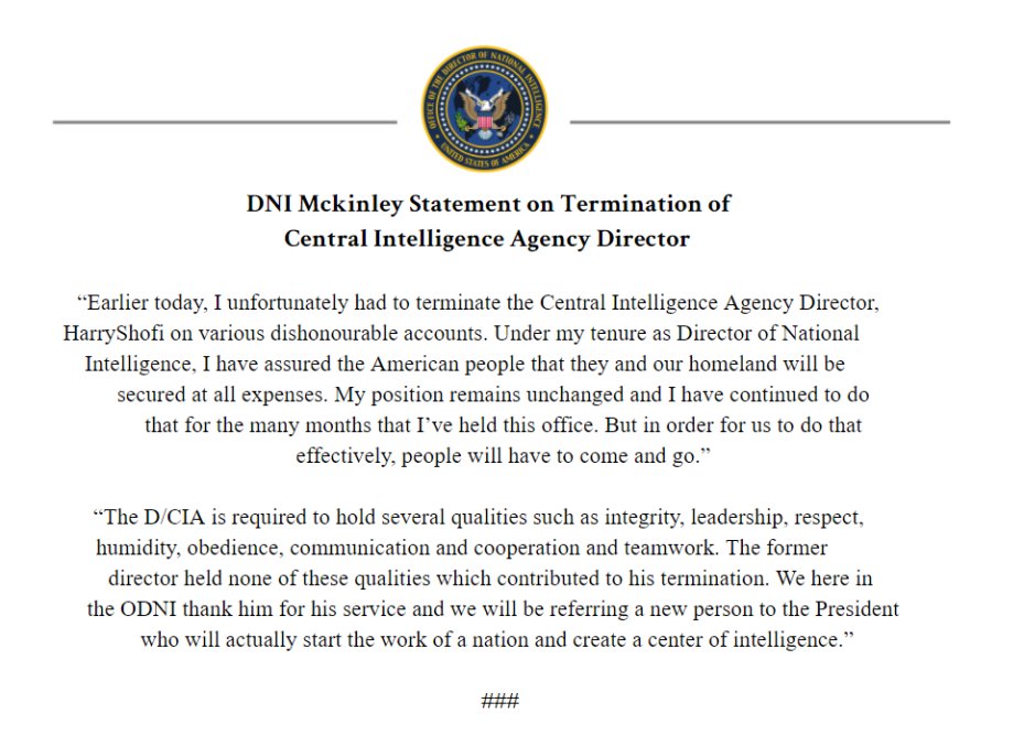Updated Press Release from the Director of National Intelligence regarding the termination of the Central Intelligence Agency Director.