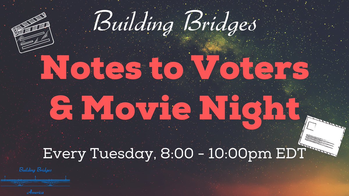 buildbridges4am's tweet photo. 3️⃣ #MovieNight & #PostcardsToVoters: https://t.co/6345Isjfxy. Watch a flick AND write to voters for our bi-weekly featured candidate and/or to Military and Americans Abroad based out of NC, a critical battleground state.
#Grassroots #Democrats #VotersAbroad #MilitaryVote #NCpol https://t.co/zPTaNL30uh