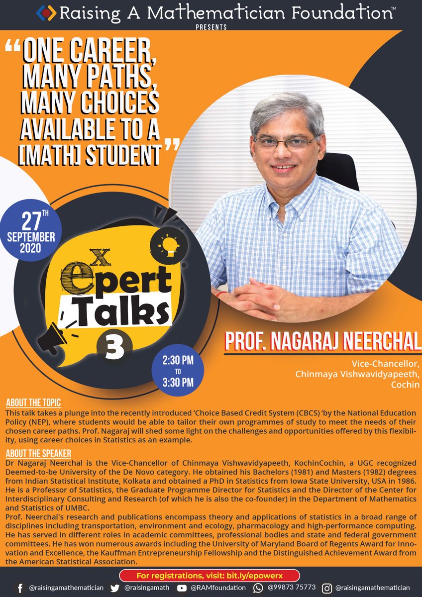 raisingamath's tweet image. Hear to Prof. Nagaraj Neerchal as he takes a deep dive into Choice-based Credit System by NEP, challenges and opportunities of the same using statistics as an example.
#ExpertTalks
#Epowerx 
#RaisingAMathematician 
#RAMFounation
@IMScChennai
 @tifrarnab
 @TIFRScience
 @HBCSE_TIFR