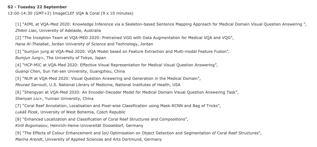 albagarciaseco's tweet image. #CLEF2020 is tomorrow. For those interested in annotation of coral reef images, here is the final schedule of the ImageCLEFcoral task. Looking forward to meeting CLEF  organizers &amp;amp; participants! 
@imageclef @clef_initiative
 Participation is free of charge imageclef.org/2020/