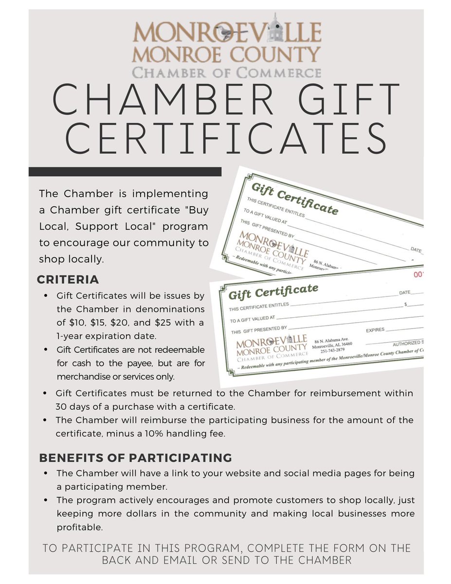 Are you a Chamber member and want to join our Chamber Gift Certificate program to encourage our community to Buy Local?? Check out the Chamber Gift Certificate program and sign up today to be a redemption site!!
Contact the Chamber at 251-743-2879 for more information!