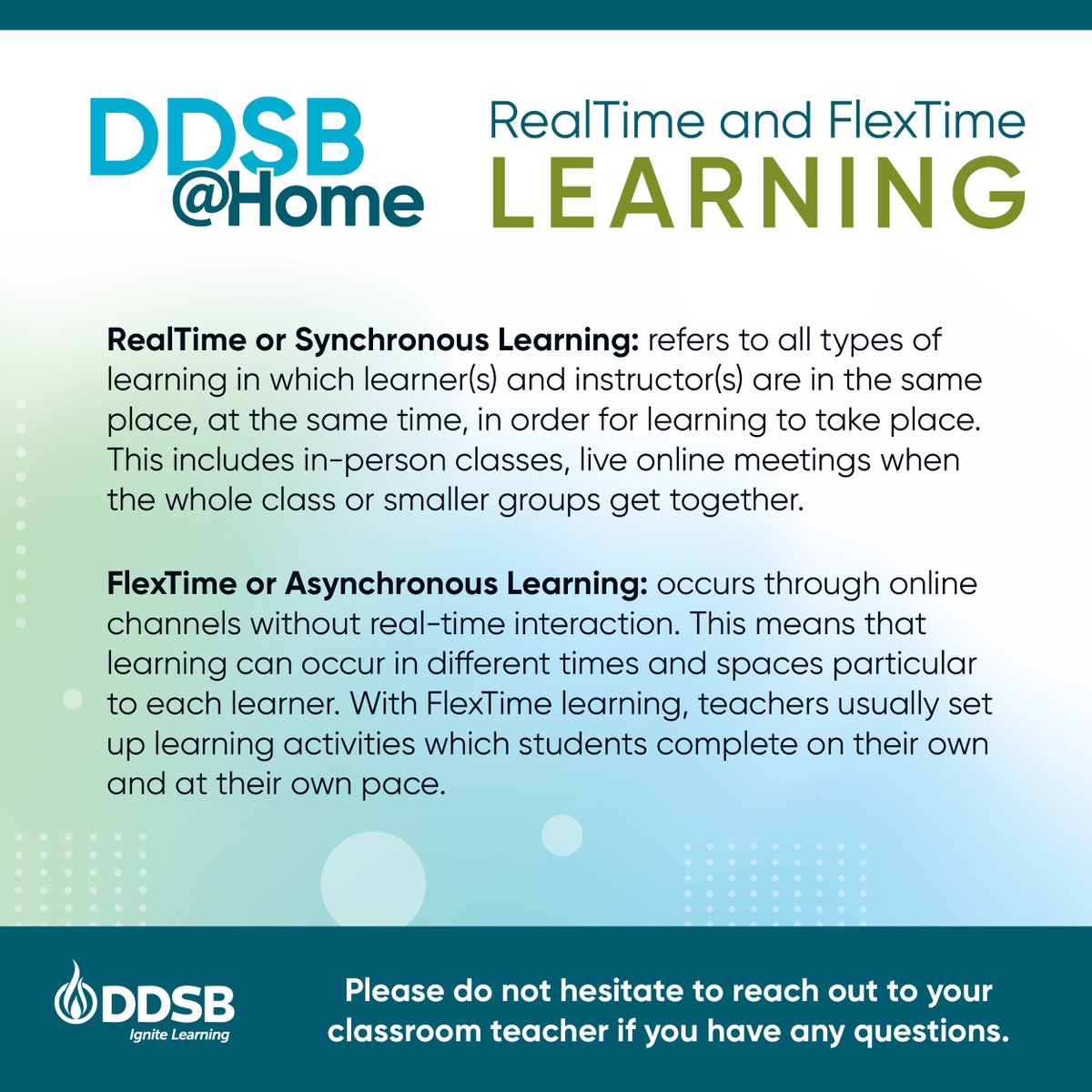 Do you have questions about the difference between RealTime and FlexTime learning? Check out our website for more information: bit.ly/2FPZW4m #DDSBInnovation