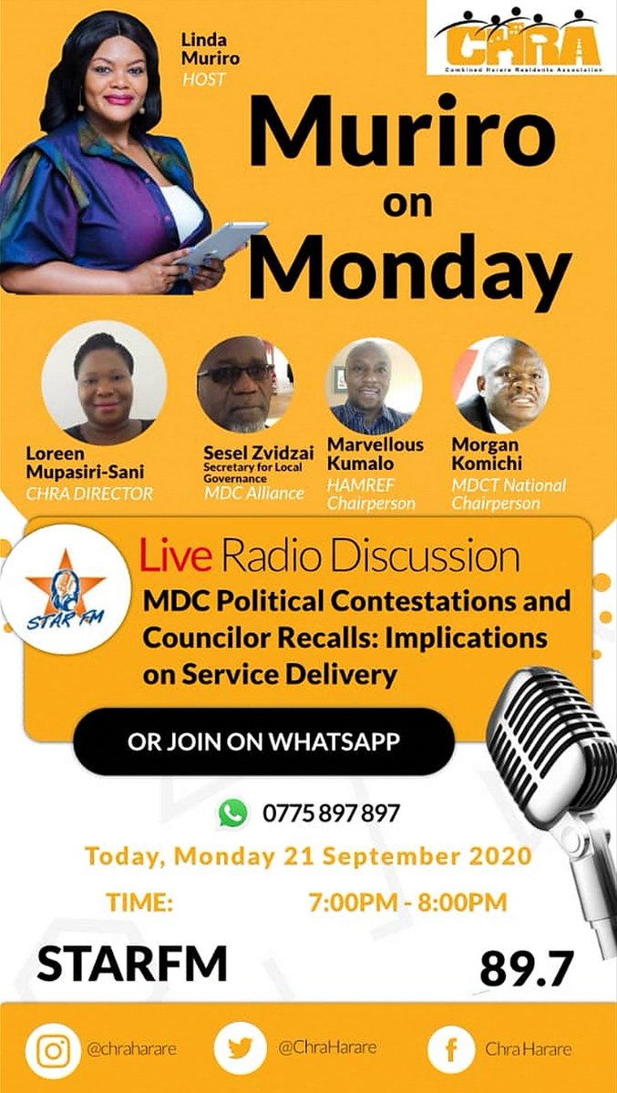 Join me @StarfmZimbabwe from 7 - 8pm tonight (Monday) for this discussion. @CHRA_Zim @mkomichi1 @marve_kumalo @loreenmupasiri @SeselZvidzai
