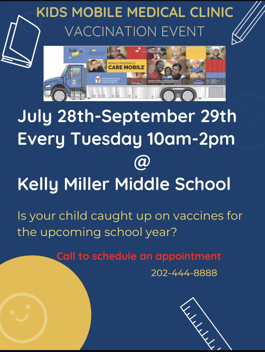 BrowneEC's tweet photo. #BrowneEC_C3 Families,
Do you need help scheduling your child's required immunizations? Help has arrived! The Kids Mobile Medical Clinic is available EVERY TUESDAY from 10am-2pm @ #KellyMiller Middle School. Appointments are required.
To schedule, please call 202-444-8888 https://t.co/g5ZFruJLbh