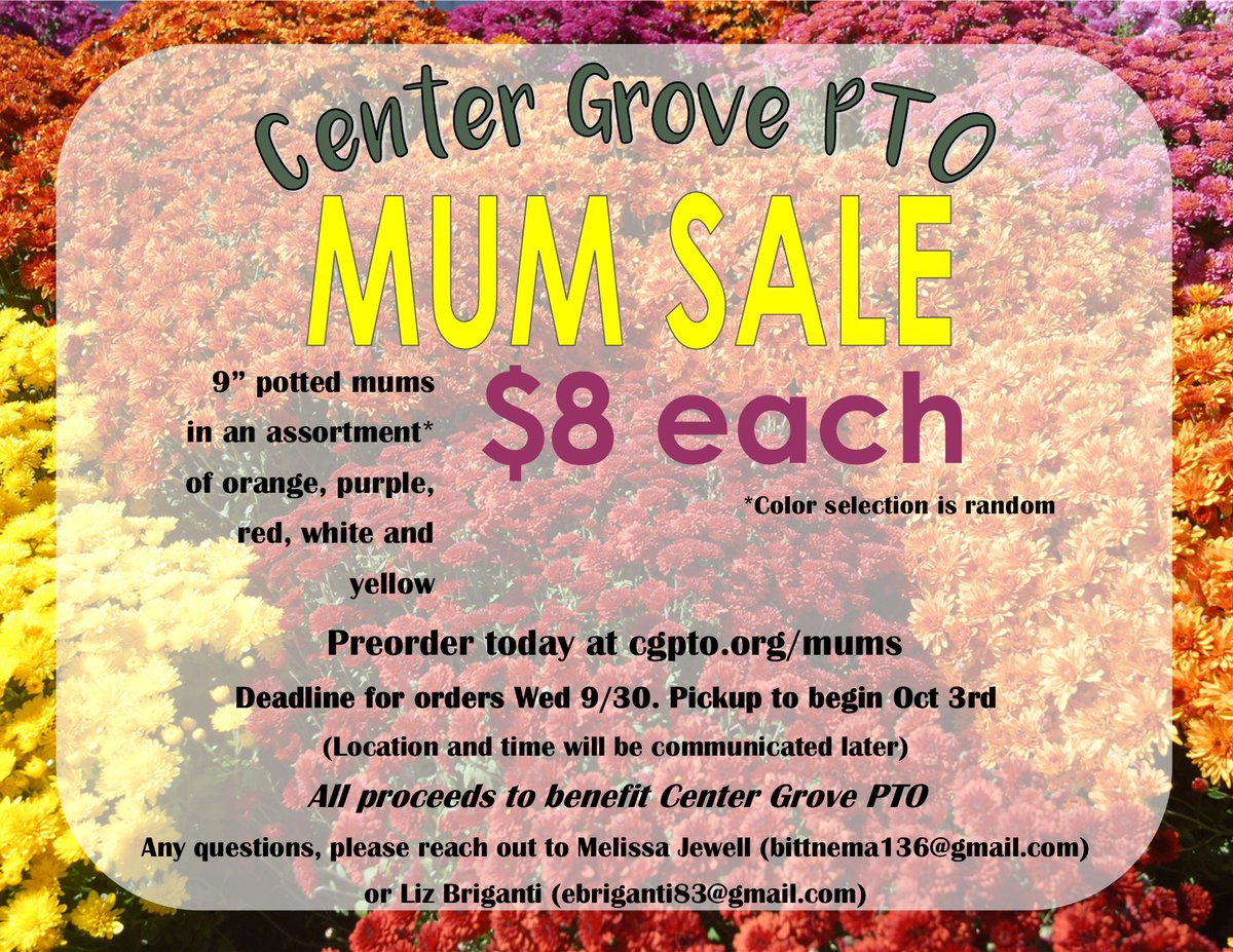 Excited to present our Fall Fundraiser, we partnered w/ Morris County Farms to offer assorted 9in potted mums. Let us help you decorate while also supporting CGPTO. Pre-order 1, 2, 3 or more plants in an assortment of colors! You do not have to be affiliated with CG to buy!