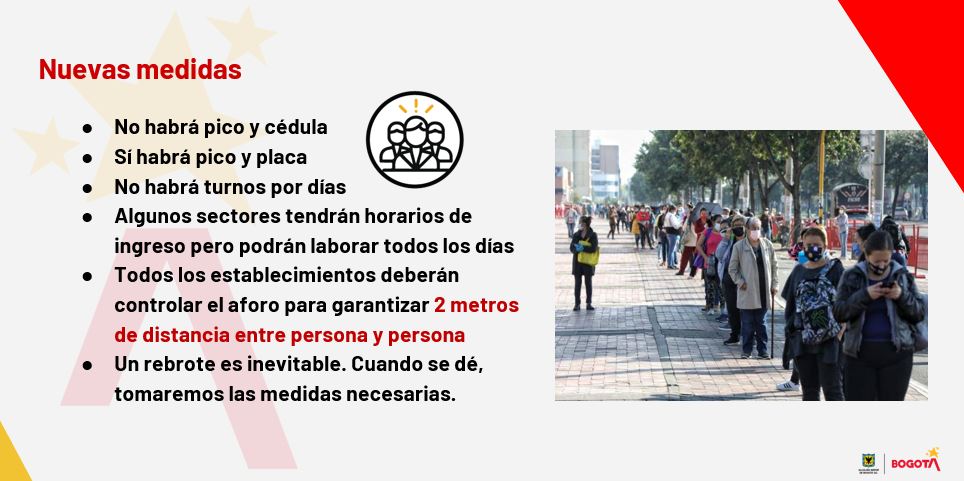 Bogota's tweet photo. Manifestó que todos deben cumplir protocolos de bioseguridad y medidas básicas: tapabocas, distanciamiento de mínimo dos metros y lavado de manos. “Es posible que tengamos rebrote y un segundo pico, con estas medidas logramos que este sea relativamente lento y moderado”, afirmó. https://t.co/nd37E1mv5h