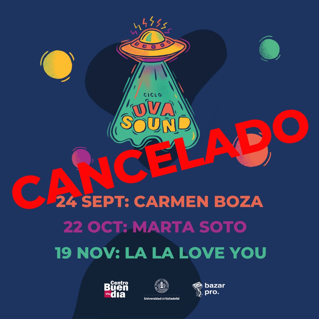 centrobuendia's tweet photo. ❗️❗️ UVA SOUND CANCELADO

Sentimos anunciar que los tres últimos conciertos de #UVaSound quedan CANCELADOS. La situación actual provocada por el Covid-19 nos impide continuar.

🎟Devolución de las entradas:  
Bar Kafka (entradas físicas) y @wegowES (entradas digitales) https://t.co/2o5MT3p2cW