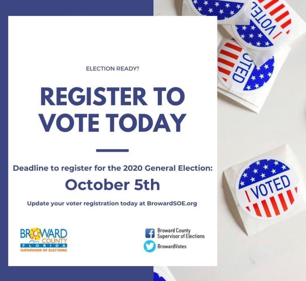 JoeScottSOE's tweet photo. 👋Make sure you’re #ElectionReady! Deadline is in 2️⃣ weeks! Visit https://t.co/k33vJ2f4tv to update/verify your registration. Let’s set record turn out this year! Tell a friend! #VOTE2020  #VOTEBYMAIL #VOTEEARLY #JUSTVOTE This election is too important to miss! #BrowardSOE https://t.co/J48i9qswkV