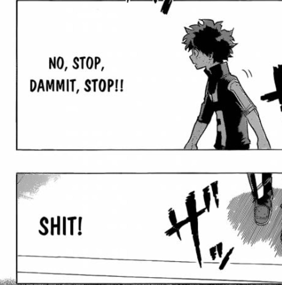 In the original panel he said “chikushou!!Tomare!! Kuso!”. [Dammit!! Stop (impolite form), shit!!] While normally he’d probably say “iya da, tomatte, onegai” [no, stop (more polite form), please]