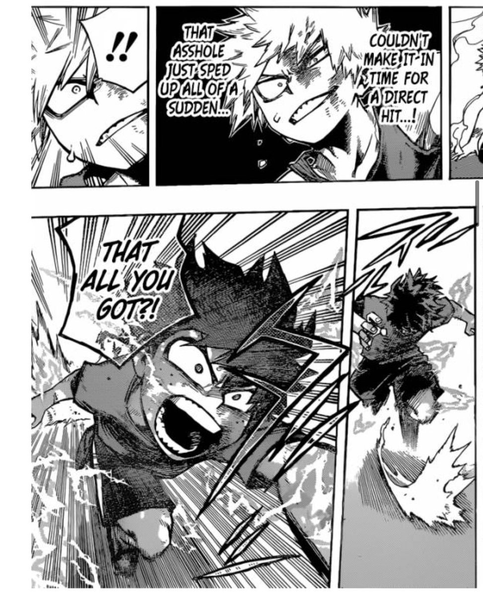 In the original panel he said “konna mon ka yo”. In english it doesn’t sound as harsh, but in japanese he chose the most rude and shortest way to say “that all you got”. Something that kacchan would say, but not deku.