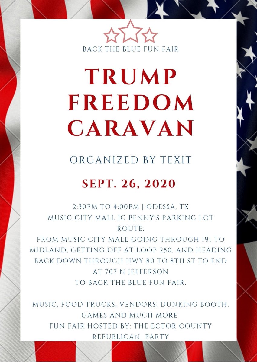 TCT1835's tweet photo. ODESSA TX Come out and show your patriotism, Fly a Flag &amp; support our local Law Enforcement, Our POTUS &amp; Country!!

https://t.co/FNb2jiSWaw @TEXIT_COT  @realchriswray  @realDonaldTrump  #odessastrong  #OdessaTx #TrumpParade #Trump2020 #trumpcaravan  #oilandgas https://t.co/TP2IQzzio2