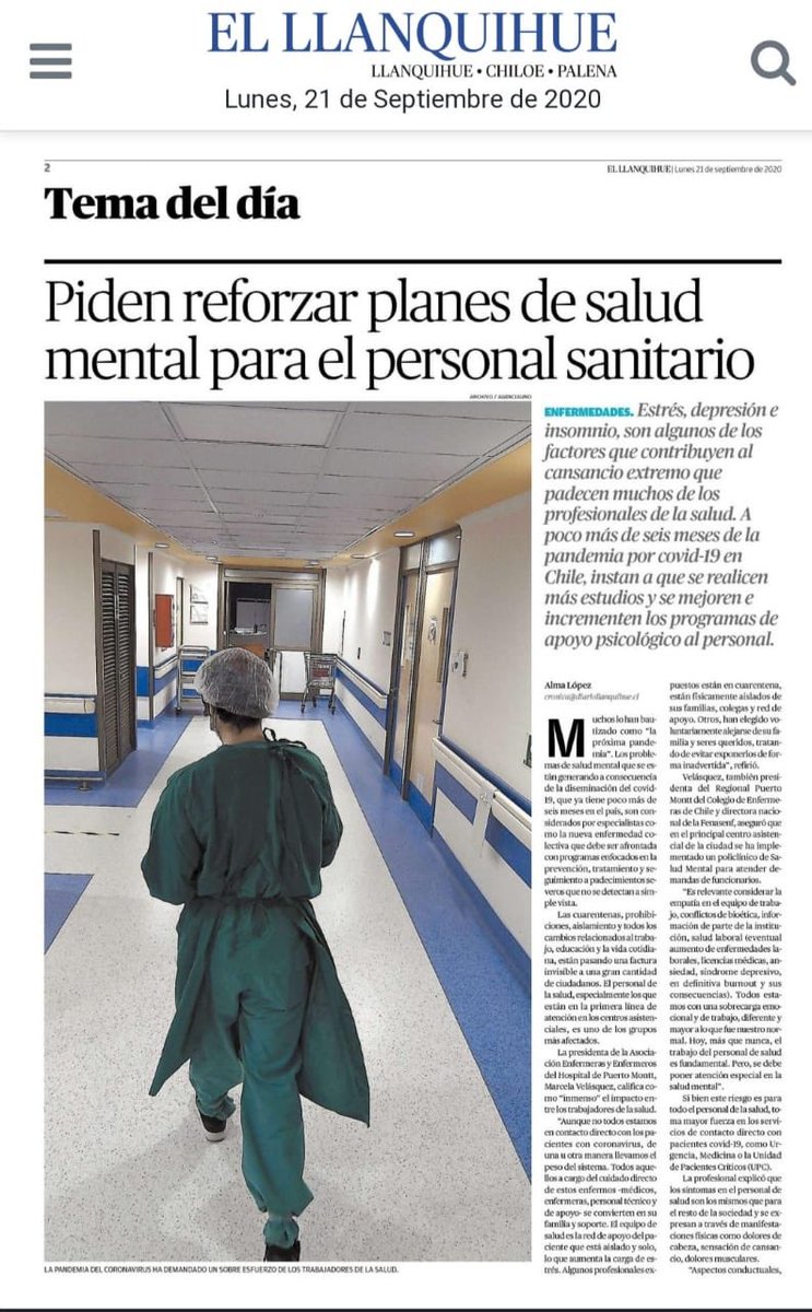WAINRAIHGT's tweet image. Compartimos reportaje del diario @ellanquihue en el que la doctora en psicología de nuestra fundación #PuertoMonttAdelante Paulina Torres, se refiere a la importancia de preocuparse de la salud mental en los funcionarios de salud que han estado en primera línea en esta pandemia
