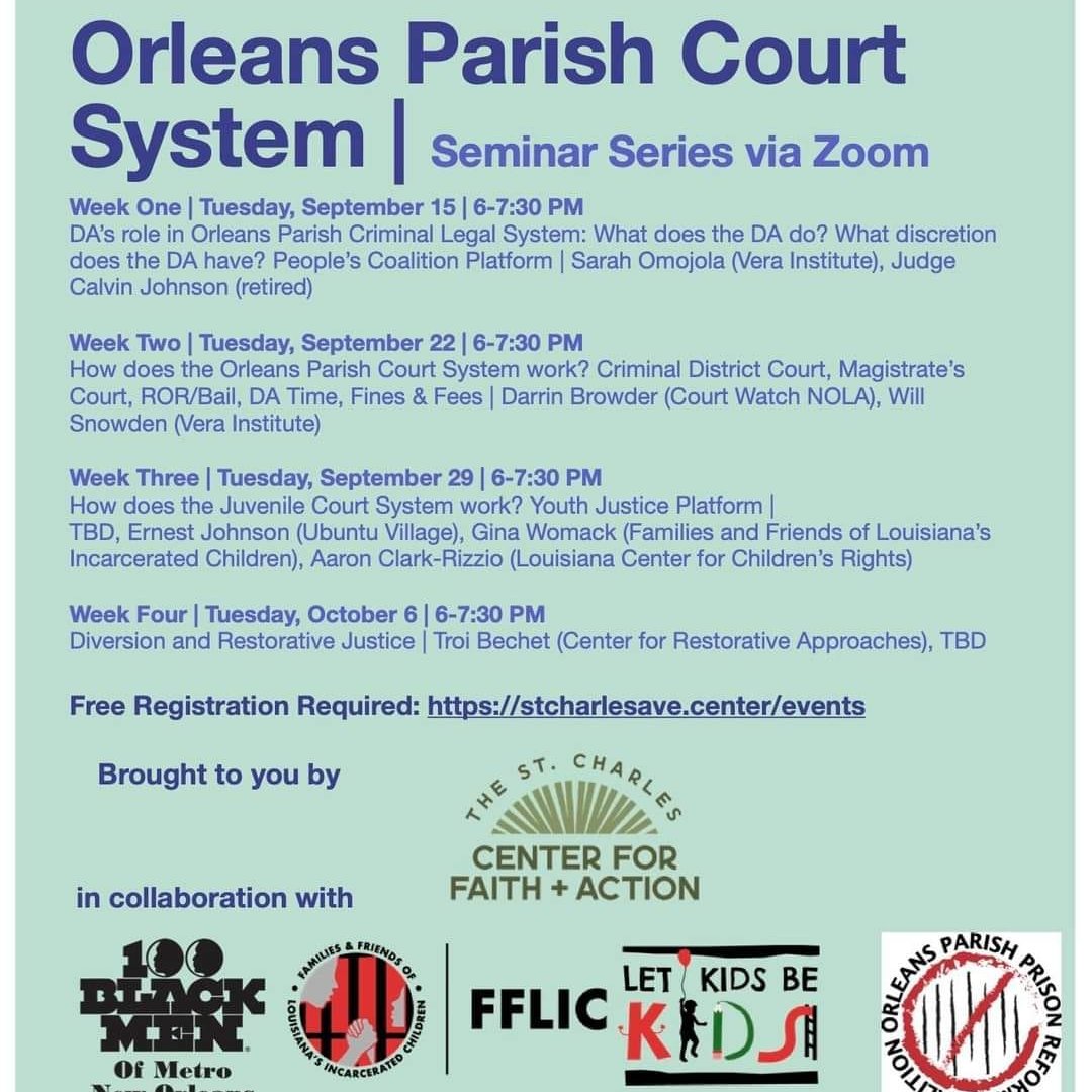 Join us for the second week of the Orleans Parish Court System seminar series. Tomorrow at 6pm CT learn more about how the Orleans Parish Court System works, with hosts Darrin Browder <a href="/CourtWatchNOLA/">Court Watch NOLA</a> and Michaela O'Connor Bono <a href="/verainstitute/">Vera Institute of Justice</a> Register here: stcharlesave.center/events