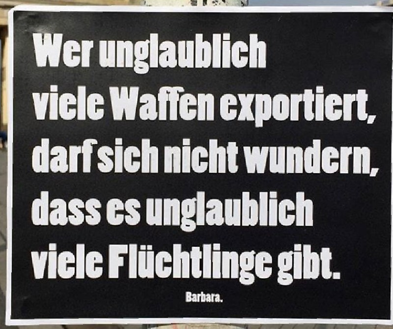 fujosati's tweet photo. Wie wäre es, wenn alle Hersteller von todbringendem Gerät für eine menschengerechte Behandlung von Flüchtlingen zur Kasse gebeten würden? Und zwar weltweit, denn wenn 🇩🇪 und/oder die 🇪🇺 aussteigen, liefern andere nach. #Traeume https://t.co/dOlIL27p8W