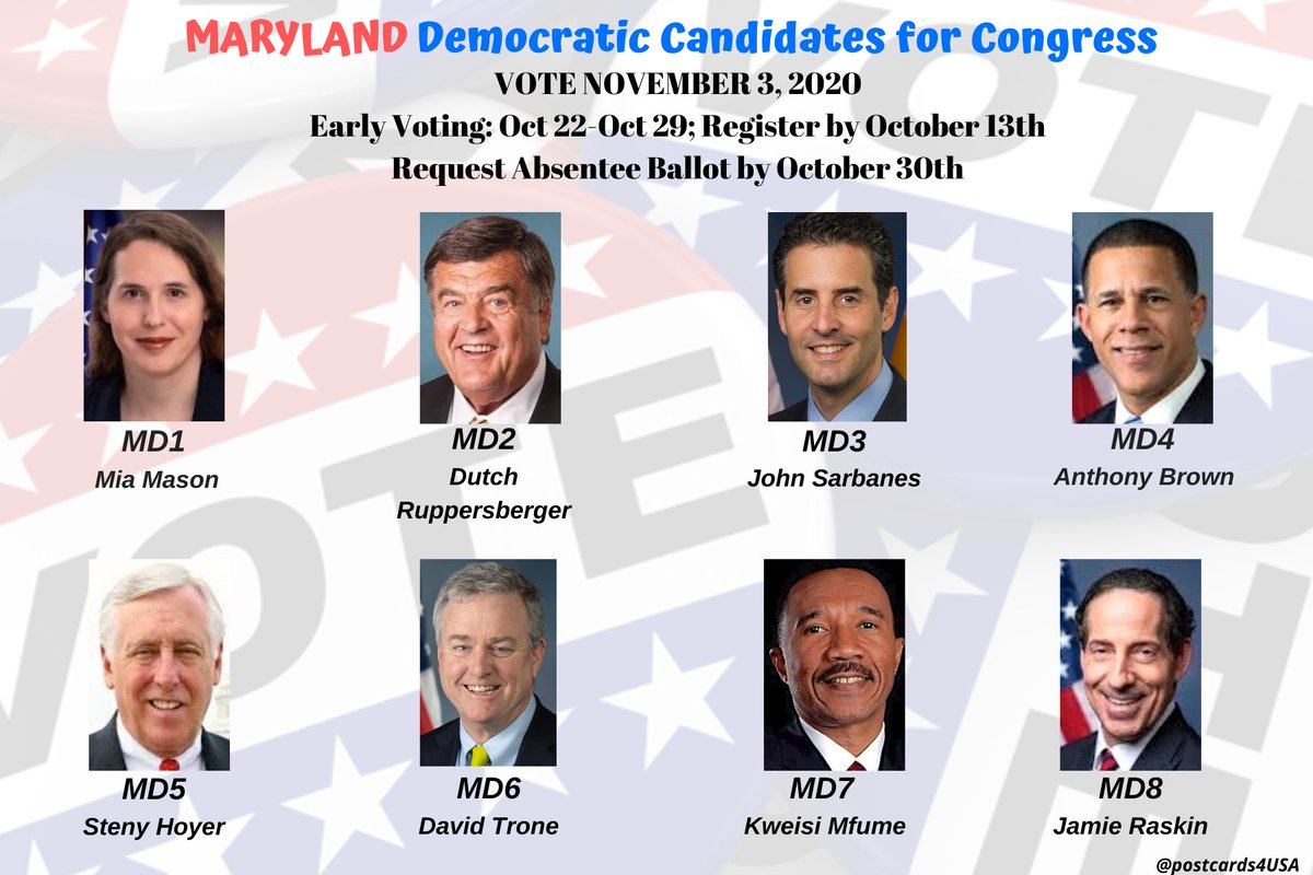 MARYLAND Democratic Candidates  #MD1  #MD2  #MD3  #MD4  #MD5  #MD6  #MD7  #MD8  #HoldTheHouse  #Congress2020 THREAD with Individual tweets & links for EACH Candidate HERE:  https://twitter.com/postcards4USA/status/1285320802993418241FB link:  https://www.facebook.com/postcards4USA/posts/3107030032744521 GoogleDoc:  https://pc2a.info/DemCandidatesMD   #PostcardsforAmerica