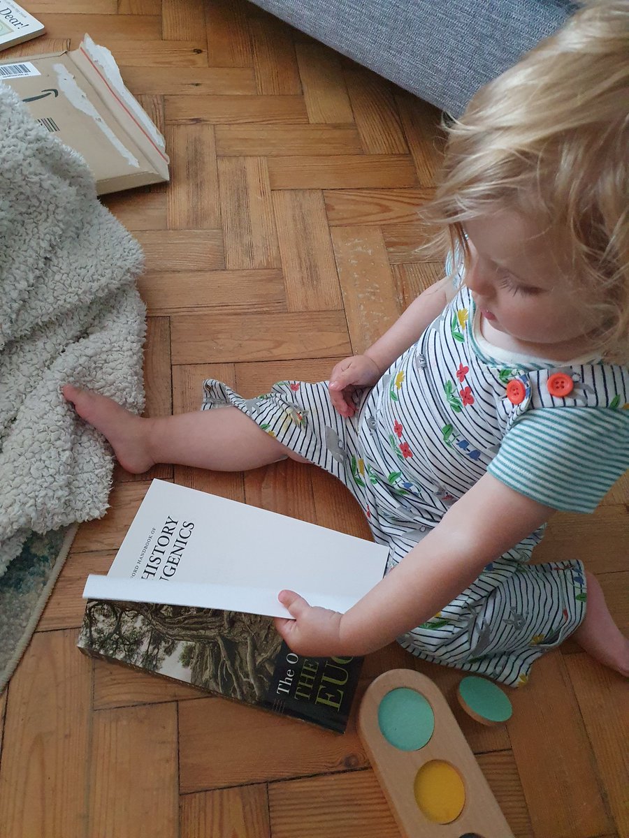 petecullen's tweet photo. After a long day at nursery, Violet likes to unwind with @ubergasmonkey new book on Eugenics. It's certainly a page turner. https://t.co/aXJWeMoZ2G