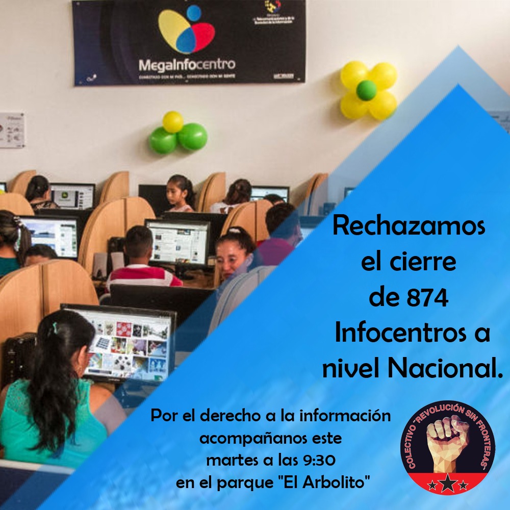 ColectivoSF5's tweet photo. El cierre de 874 Infocentros perjudica a 4.2 MM de compatriotas de escasos recursos. Esperamos que nos acompañes mañana en el Parque El Arbolito a partir de las 9:30 am.
#NoAlCierreDeInfocentros #Urgente #Infocentros #MarchaPorLosInfocentros #DefensaInfocentros https://t.co/OaNBu4HaTz