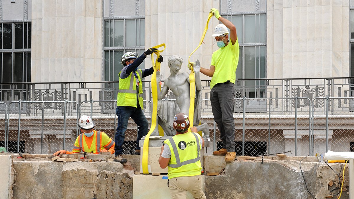 FolgerLibrary's tweet photo. If you walk by the Folger this week, you’ll start seeing more signs of our renovation project. On Friday, we moved the statue of Puck that stands on the west side of our building. #FolgerRenovation https://t.co/LKnc0lVocN