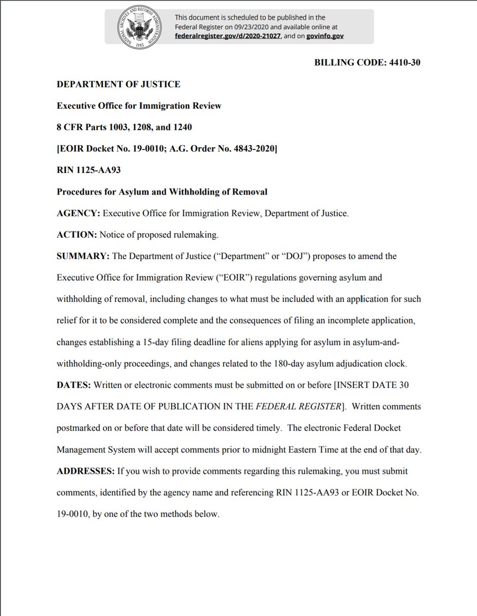 Yet ANOTHER attack on asylum seekers from  @DOJ_EOIR. This new proposal reg would:- Set 15-day filing deadline for asylum/withholding-only proceedings- Allow judges(!) to submit evidence- Restrict asylum-seekers' evidence.- Restrict continuances https://s3.amazonaws.com/public-inspection.federalregister.gov/2020-21027.pdf