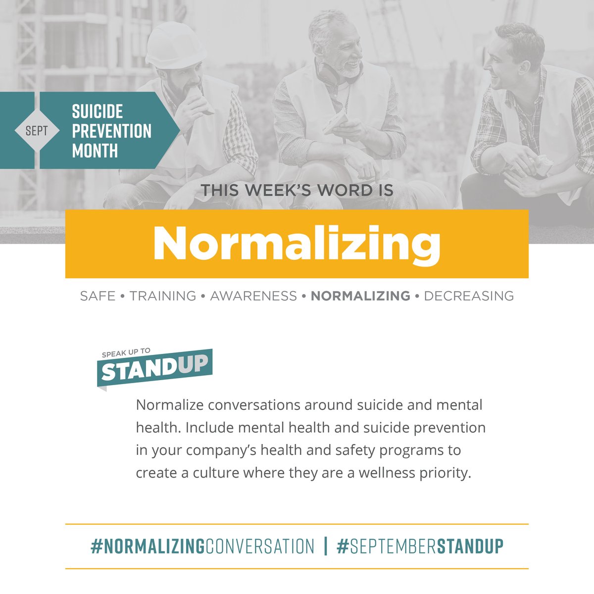 theCIASP's tweet photo. How have you been able to promote topics of suicide prevention within your organization? Let us know what you do to bake this into your company’s culture.
Share this post to encourage others to be a part of this conversation!
#Normalizingconversations #SeptemberSTANDup https://t.co/a2XDZePhtc