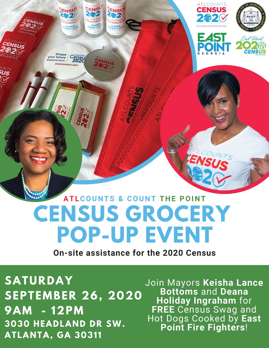 cityofeastpoint's tweet photo. Join Mayors @KeishaBottoms and @DeanaIngraham this Sat for the ATL Counts & Count The Point Census Grocery Pop-Up Event from 9am-12pm at 3030 Headland Dr SW. FREE Census swag, hot dogs and on-site assistance for the 2020 Census! #ATLCounts #CountThePoint https://t.co/hlVfTTET78