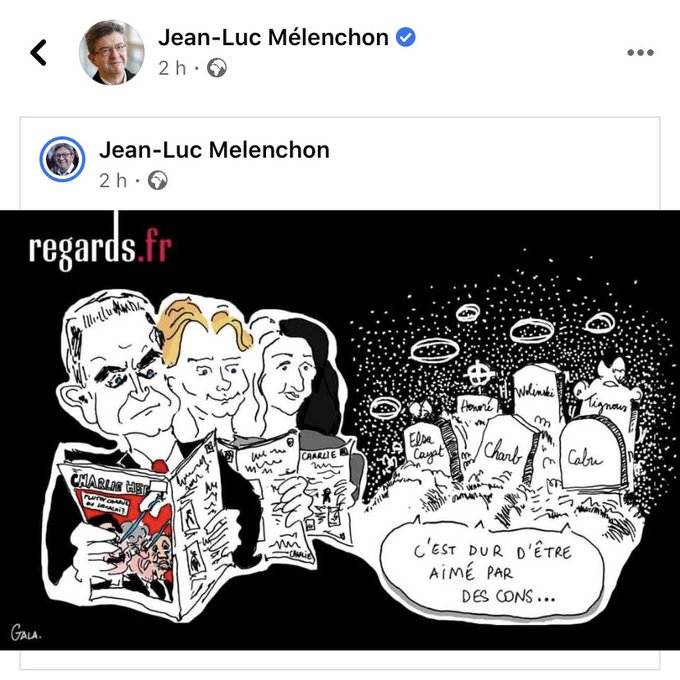 43/ Ensuite en avalisant un dessin minable de la revue  @regards laissant penser qu'il y aurait une vraie divergence entre les membres de la rédaction assassinés et leurs anciennes collègues  @ZinebElRhazoui et  @CarolineFourest lisant le  @Charlie_Hebdo_ actuel