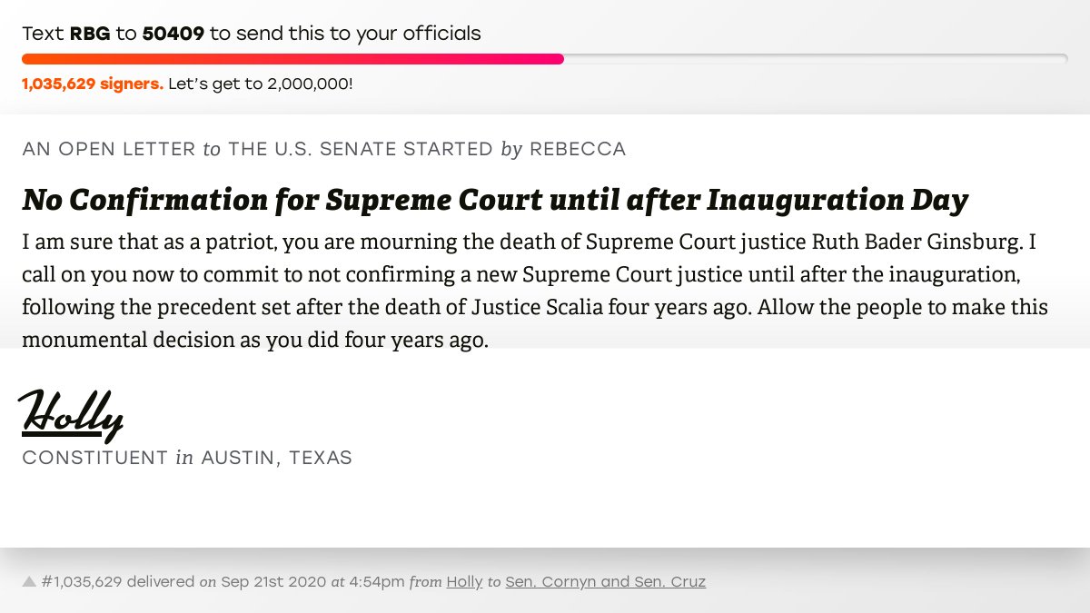 openletterbot's tweet image. 🖋 Sign “No Confirmation for Supreme Court until after Inauguration Day” and I’ll deliver a copy to your officials: 

📨 No. 1,035,629 is from Holly to @JohnCornyn and @SenTedCruz #TX25 #TXpolitics