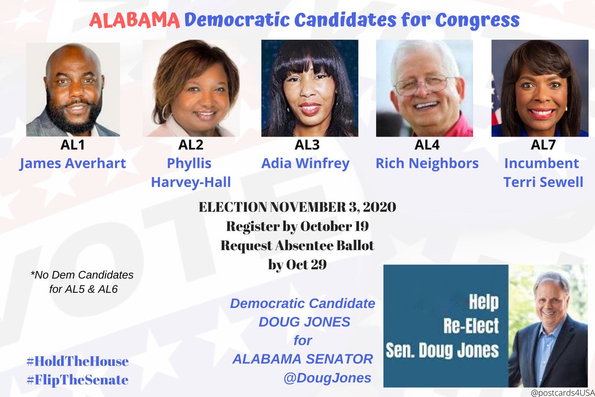 ALABAMA Democratic Candidates #AL1  #AL2  #AL3  #AL4  #AL7 & SENATE #Congress2020  #Senate2020Postcards, Websites & Donation Links for each candidate.Follow & Support!FB https://www.facebook.com/postcards4USA/posts/3101237566657101GoogleDoc  https://pc2a.info/DemCandidatesAL THREAD  https://twitter.com/postcards4USA/status/1284568648204652544 #PostcardsforAmerica