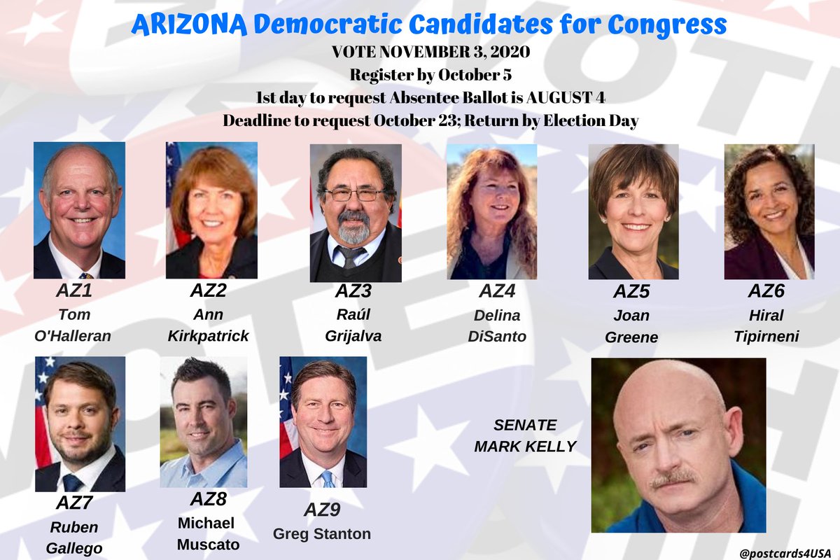 ARIZONA Democratic Candidates  #AZ1  #AZ2  #AZ3  #AZ4  #AZ5  #AZ6  #AZ7  #AZ8  #AZ9 & SENATOR*Postcards & links to Follow & Support  #Congress2020  #NoSafeSeats>>Shareable FB Post:  https://www.facebook.com/postcards4USA/posts/3159827174131473 >>Twitter THREAD:  https://twitter.com/postcards4USA/status/1291854988323454976>>GoogleDoc:  https://pc2a.info/DemCandidatesAZ 