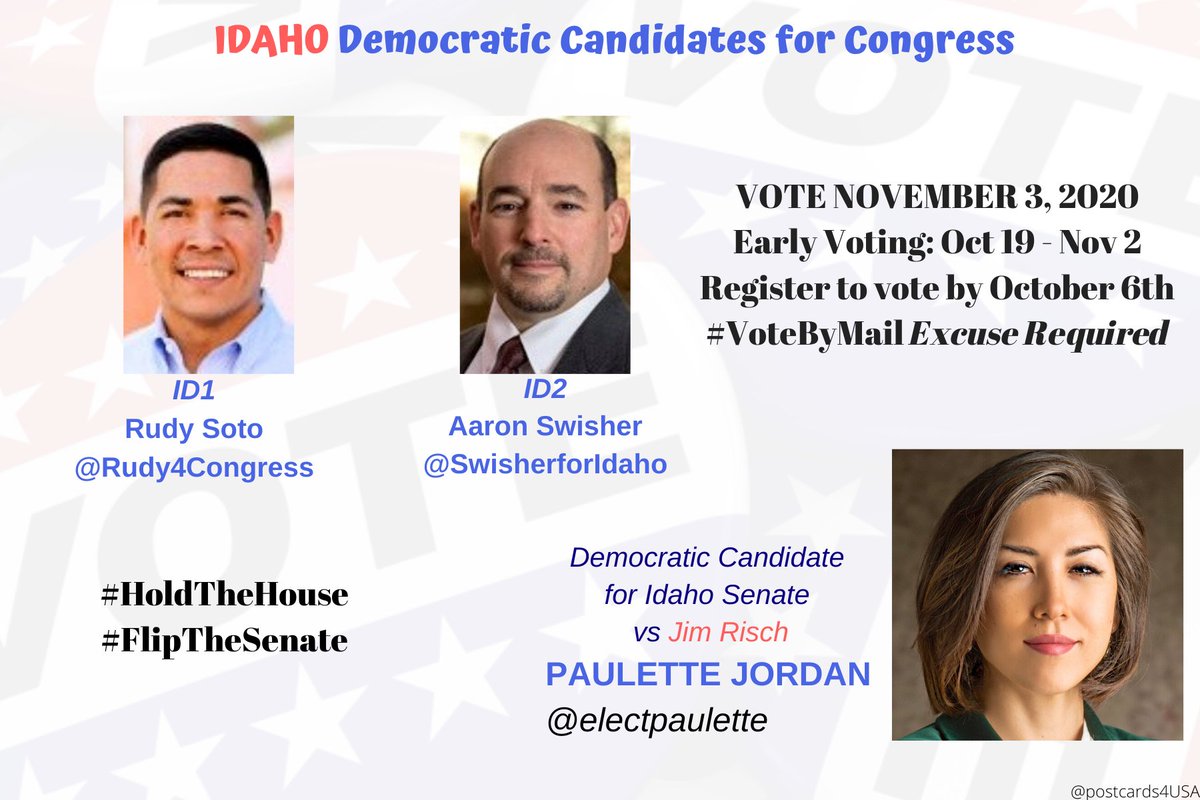 IDAHO DEMOCRATIC CANDIDATES #ID1  #ID2 & SENATE Postcards & Links for each candidateTwitter THREAD  https://twitter.com/postcards4USA/status/1275132577838497795Shareable FB post with downloadable Postcards here:  https://www.facebook.com/postcards4USA/posts/3029827990464726GoogleDoc:  https://pc2a.info/DemCandidatesID All 50 States here:  https://www.postcardsforamerica.com/all-democratic-candidates-by-state.html