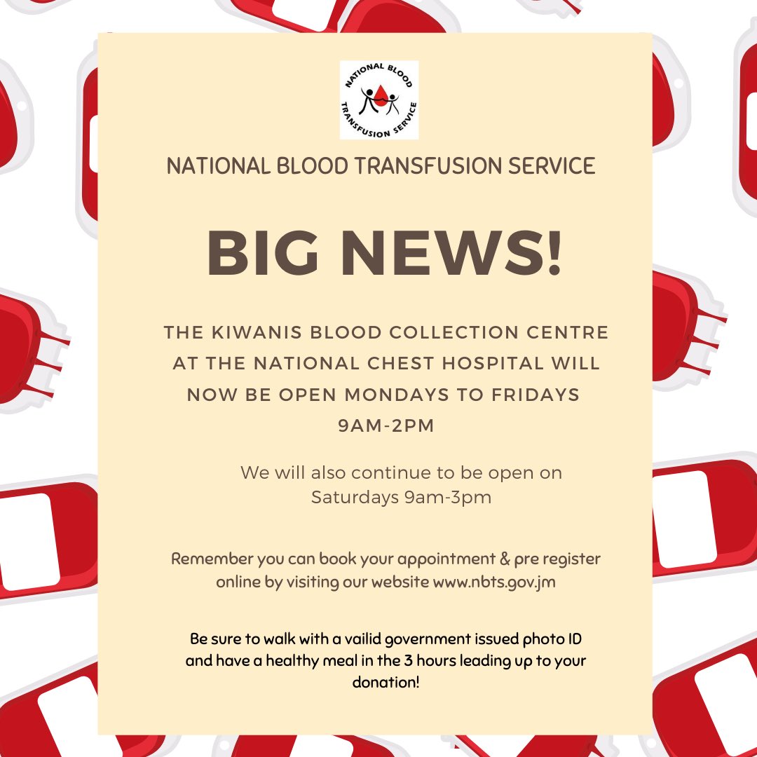 1bloodbankja's tweet image. You asked and we listened! We’ve got some BIG NEWS! The Kiwanis Blood Collection Centre at the National Chest Hospital will now be open Mondays to Fridays 9am-2pm, and as usual we will continue to be open on Saturdays 9am-3pm! @themohwgovjm @christufton @julietcuthbert