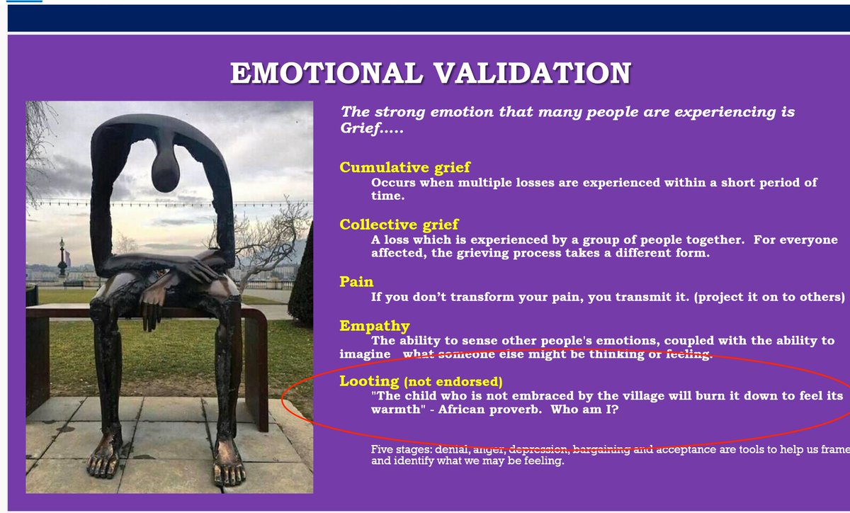 To begin, the State Department tells employees to provide "emotional validation" for the George Floyd riots, which were caused by "cumulative grief." They specify that "looting" is "not endorsed," but rationalize it as an action of "the child who is not embraced by the village."