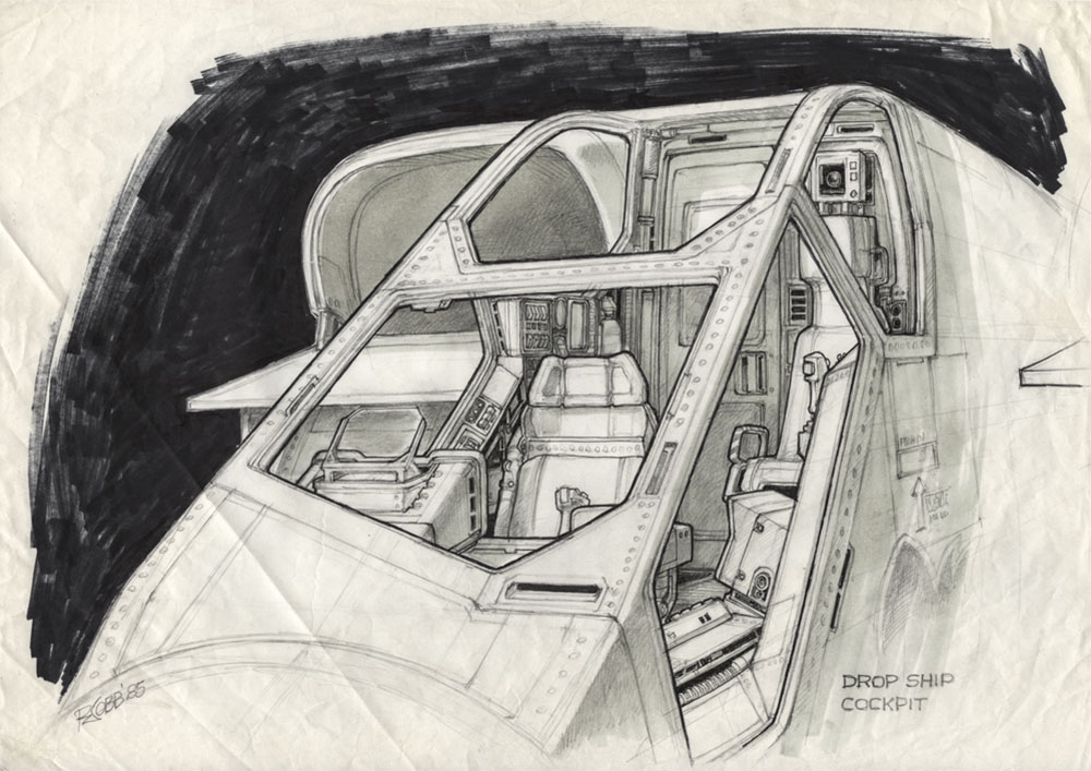 Dropship cockpit & Hadley's Hope colony by Ron Cobb.