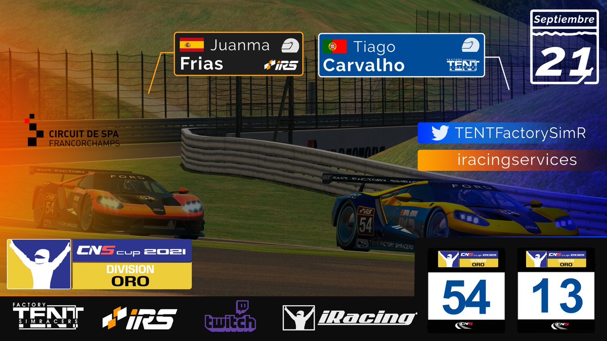 TENTFactorySimR's tweet photo. Hoy volvemos a pista con @CnsCampeonatos #DIVISIONORO @IracingServices @iRacing_es 
Mucha suerte chicos y a disfrutar esta noche

📌 Spa Francorchamps (RACE 2)
⌚️ 22:00h
🏎️ Ford GTE 
➡️ Division Oro
 🇵🇹@pinto_carvalho 
 🇪🇸@JuanmillaA1992 

📺 https://t.co/Mm9dIbbhTq https://t.co/z7OJLw5OsF