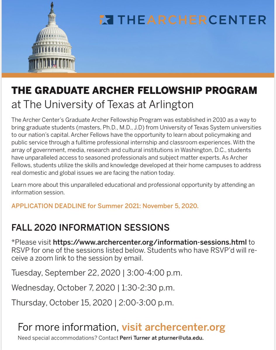 mfaye_uta's tweet photo. Have a passion for policy making &amp; public service &amp;/or how policy impacts your area of study or future profession? Archer Fellows are selected for internships &amp; in-residence UTA courses taught by faculty in D.C. Use the URL to rsvp &amp; attend a virtual informational session below! https://t.co/PlrKaIVfMG