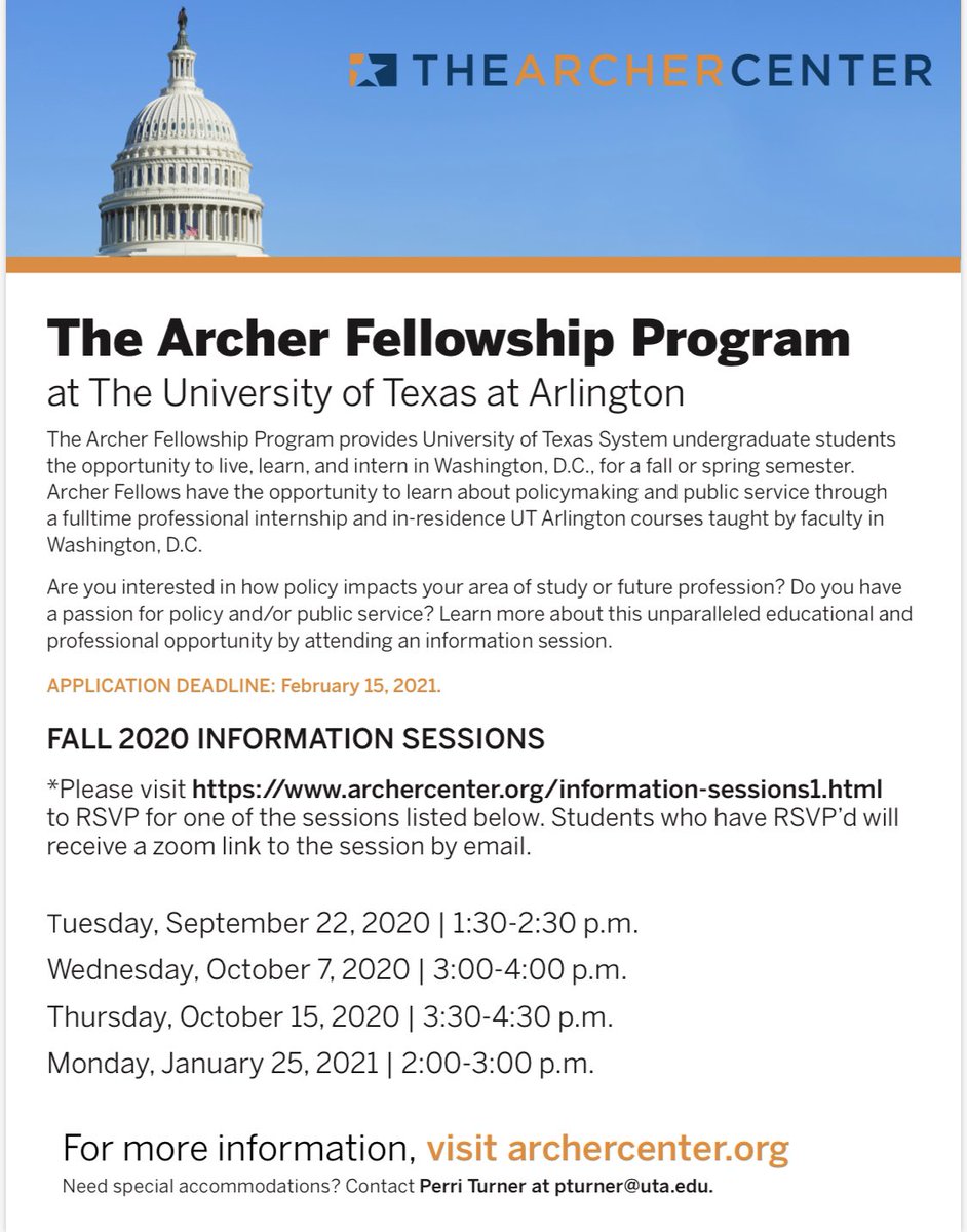 mfaye_uta's tweet photo. Have a passion for policy making &amp; public service &amp;/or how policy impacts your area of study or future profession? Archer Fellows are selected for internships &amp; in-residence UTA courses taught by faculty in D.C. Use the URL to rsvp &amp; attend a virtual informational session below! https://t.co/PlrKaIVfMG