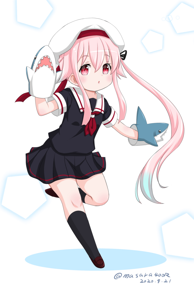 harusame (kancolle) hand puppet 1girl puppet one-hour drawing challenge pink hair side ponytail dated  illustration images