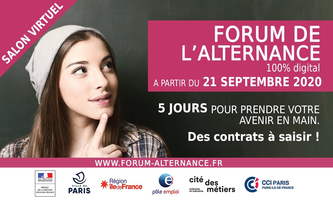 La 25e édition du Forum de l'#alternance devient 100% digitale !

Jusqu'au 25 septembre, retrouvez le #ForumAlternance 100% virtuel, un rendez-vous incontournable des #jeunes du CAP au Bac+5, pour saisir un contrat d'alternance !

Infos et inscription forum-alternance.fr