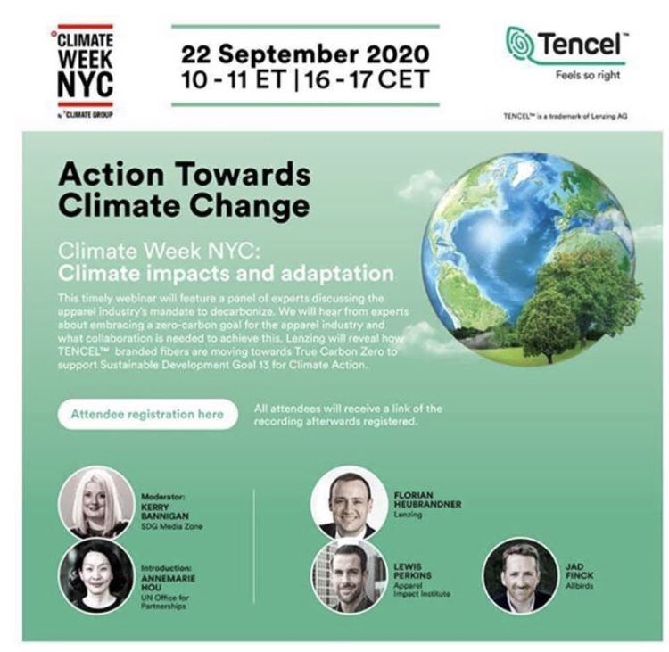 Tomorrow during #ClimateWeekNYC <a href="/LenzingGroup/">Lenzing Group</a>🇦🇹 will reveal how TENCEL branded fibers are moving towards True Carbon Zero to support #SDG13 for Climate Action.🌏

✏️Register ⬇️ to attend Webinar “Action Towards Climate Change”

bit.ly/2ZDykGX