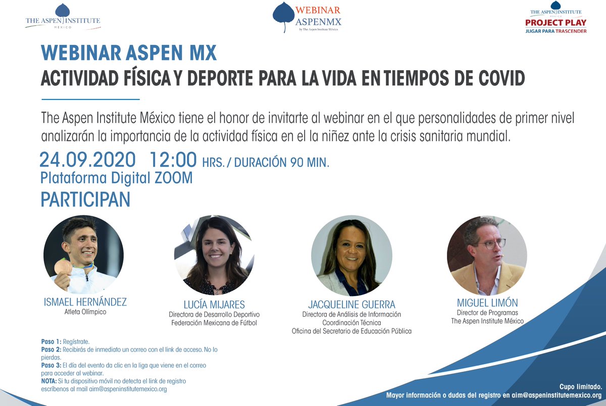 Comunidad Aspen, excelente inicio de semana. Los invitamos Webinar para hablar de la importancia de la actividad física en la niñez para hacer frente a la crisis sanitaria y para un mejor futuro. Jueves 24 de sept. a las 12 hrs. Inscripciones abiertas en: us02web.zoom.us/webinar/regist…