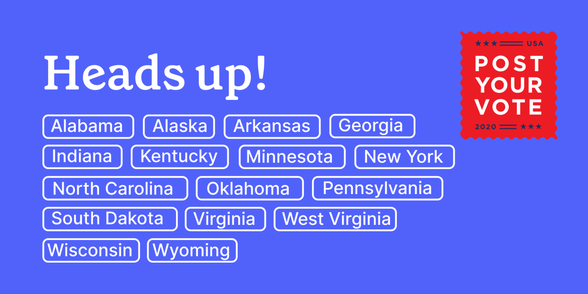 postyourvote's tweet photo. 16 states have mailed out ballots. This means you Alabama, Alaska, Arkansas, Georgia, Indiana, Kentucky, Minnesota, New York, North Carolina, Oklahoma, Pennsylvania, South Dakota, Virginia, West Virginia, Wisconsin, &amp; Wyoming. #postyourvote #vote https://t.co/iqBIW5icwW