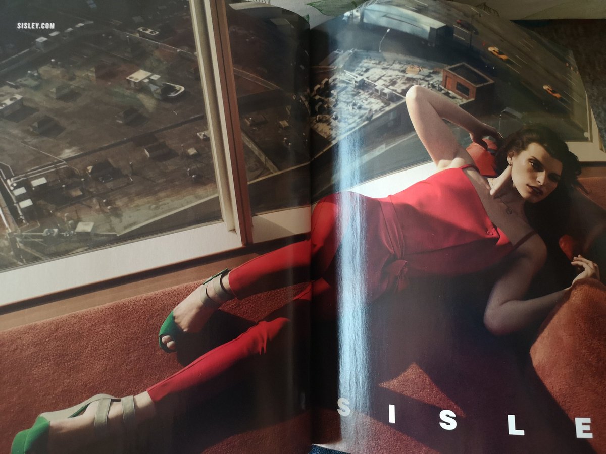 Sisley ad. The contrast on here is perfect deconstructed fashion shoot. The top half of the frame is taken up by a desolate industrial roof top contrasting with the bold lines & colouring of the model & hotel room. This is your life vs what if could be if you bought our products.