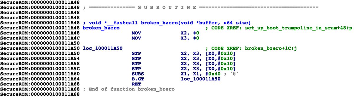 From A13 SecureROM. This isn't a security issue, since this particular bzero is only used to initialize the boot trampoline in SRAM. Even so, Apple appears to have addressed this in iBoot, hence the credit in the iOS 14 release notes. Always worth checking hand-rolled assembly.