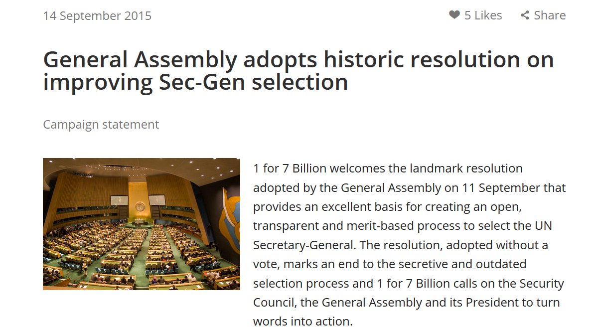 Five years ago this month  #UNGA   adopted a resolution (69/321) that brought an end to 70 yrs of shadowy, P5-dominated appointments. The new process saw candidates’ names/vision statements/CVs published, & states/civil society quizzing them in the UNGA hall and livestreamed.