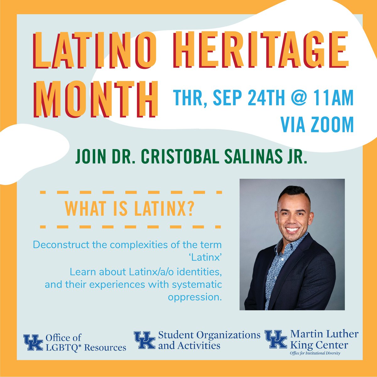 ¿Quieres aprender sobre el término Latinx? Súmate a la reunión de Zoom este jueves con el Dr. Cristóbal Salinas para una charla informativa! 

Want to learn more about Latinx? Join us this Thursday @ 11 for an informative chat with Cristóbal Salinas! 

uky.zoom.us/meeting/regist…