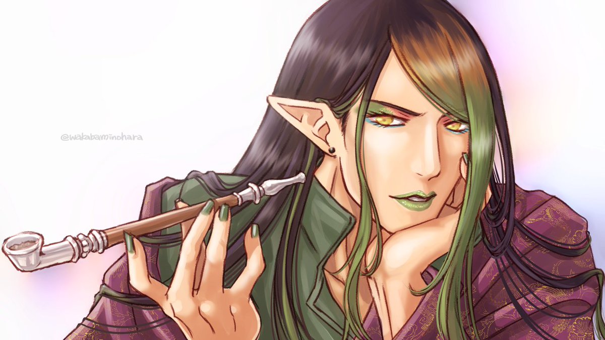 1boy male focus pointy ears smoking pipe green nails solo makeup  illustration images