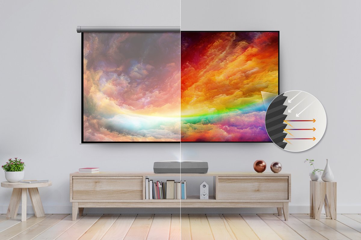 OptomaUSA's tweet photo. The Optoma CinemaX P2 is better with ALR. Ambient light rejection screens feature unique triangle micro structures on the screen surface that block reflections for vivid colors and incredible details at any time of the day. Learn more at https://t.co/44piMrApa1 https://t.co/oS4yH4ZLTF