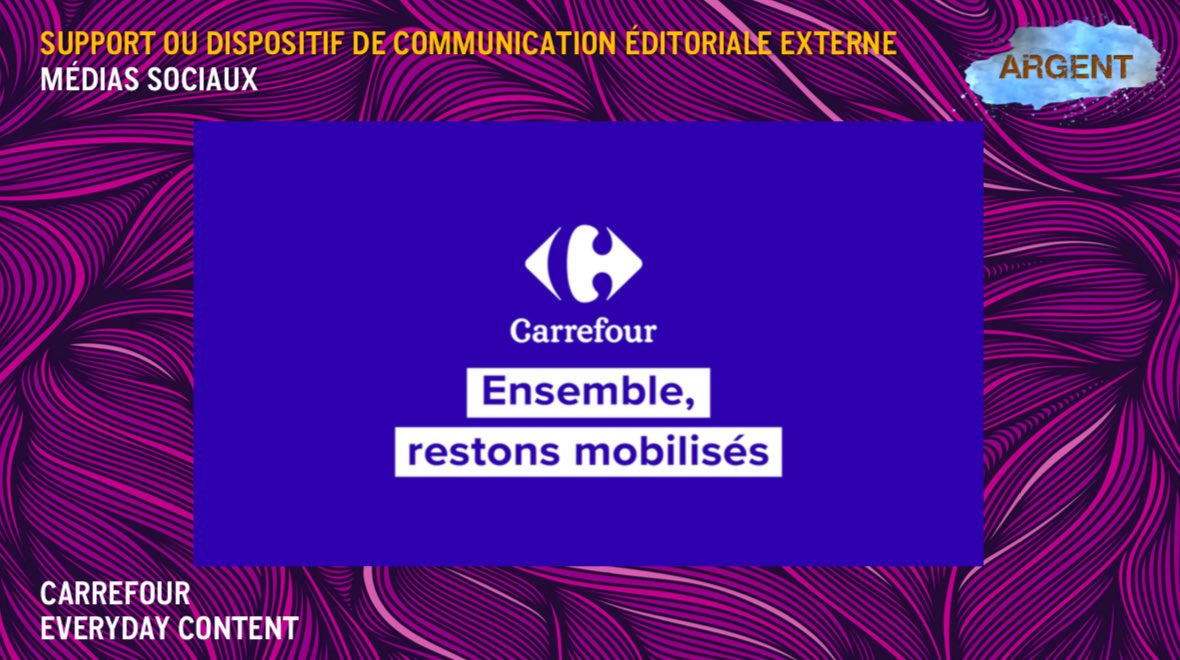 Strategies's tweet photo. Support ou Dispositif de Communication éditoriale externe / Médias Sociaux : un ARGENT pour @GroupeCarrefour et l’agence @EverydayContent pour la réalisation « Campagne Confinement Covid 19 Carrefour ». Bravo à eux !
#gpstrat #StratFestival #Communication #Editoriale https://t.co/5r330kjDMH