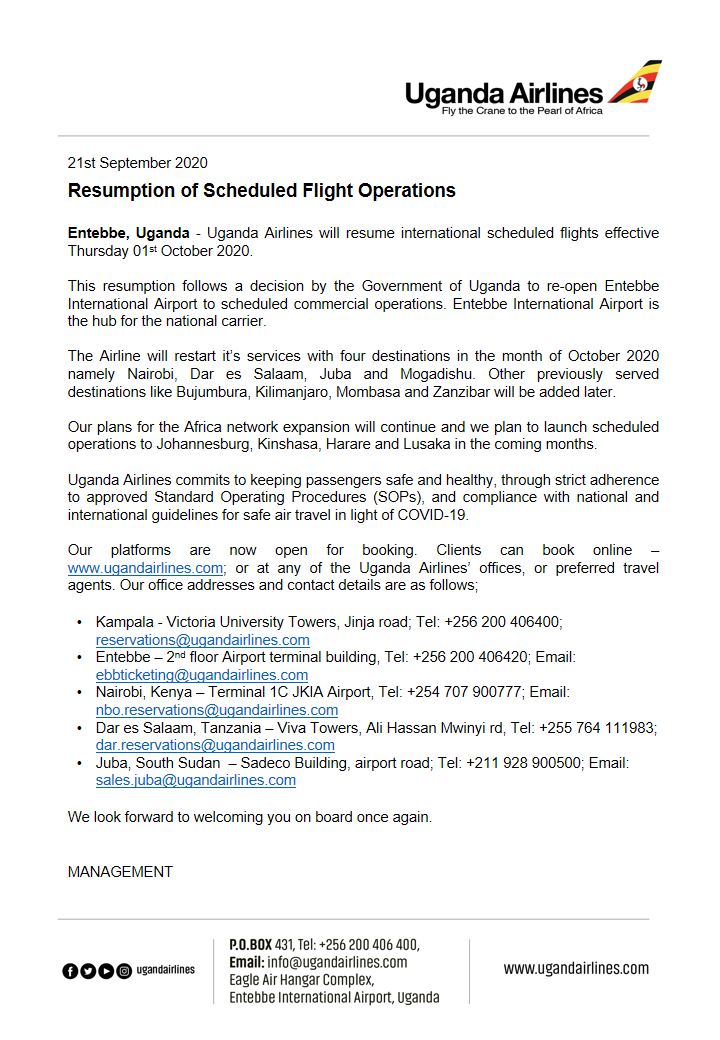 UG_Airlines's tweet photo. Resumption of Scheduled flight Operations - Starting 01st October 2020.

Entebbe, Nairobi, Dar es Salaam, Juba, Mogadishu....Welcome Aboard! 

Book online https://t.co/AnHwKQzIH8; call +256200406400; or a preferred travel agent.

#StaySafe #WearAMask #FlyUgandaAirlines https://t.co/0m4SqMfZQI